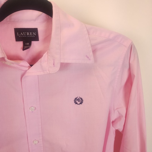 Lauren Ralph Lauren Long Sleeve Button Down Shirt Boys 18 Pink Logo Black Label - Picture 2 of 10